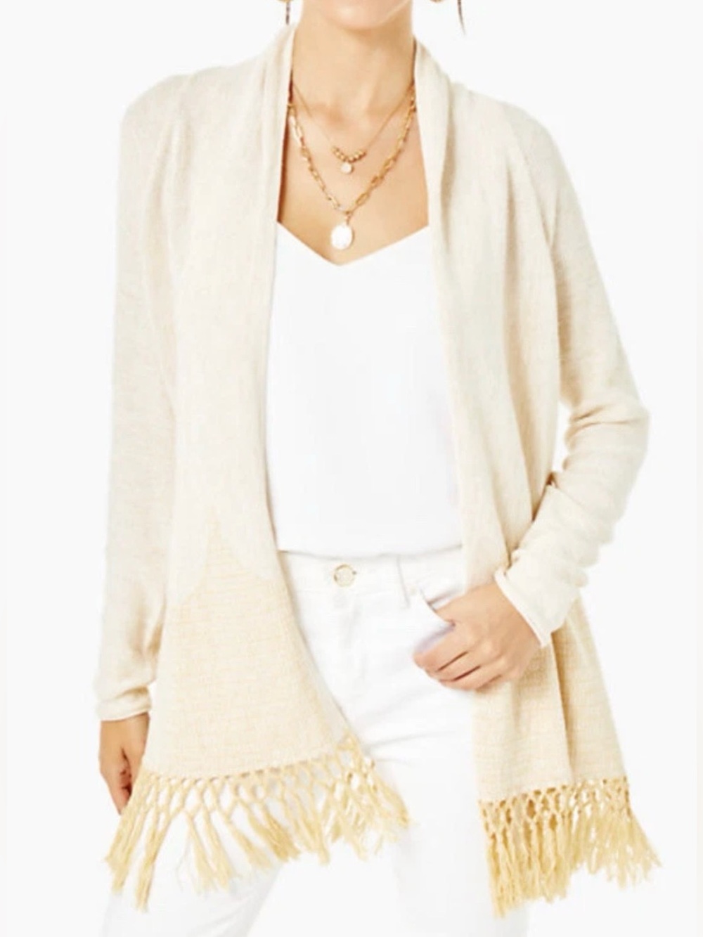 Lilly Pulitzer Tatum Gold Metallic Long Fringe Hem Cardigan Open Front XS Beige